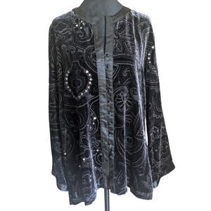 Chico’s Black Silk Blend Paisley Burnout Sequin Jacket Size L Whimsigoth
